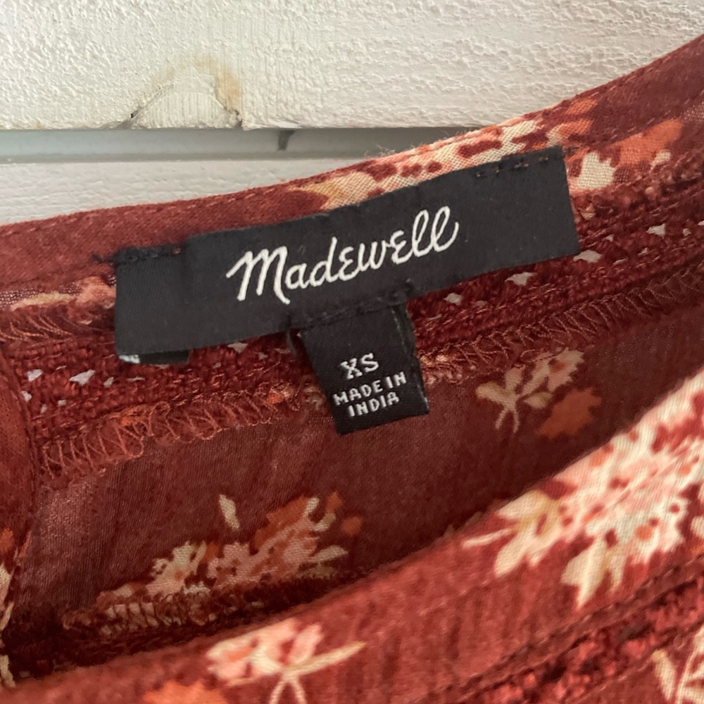 Madewell Ladder Trim Ruffle top burgundy floral Loose boho Women’s oversized XS - Picture 3 of 9
